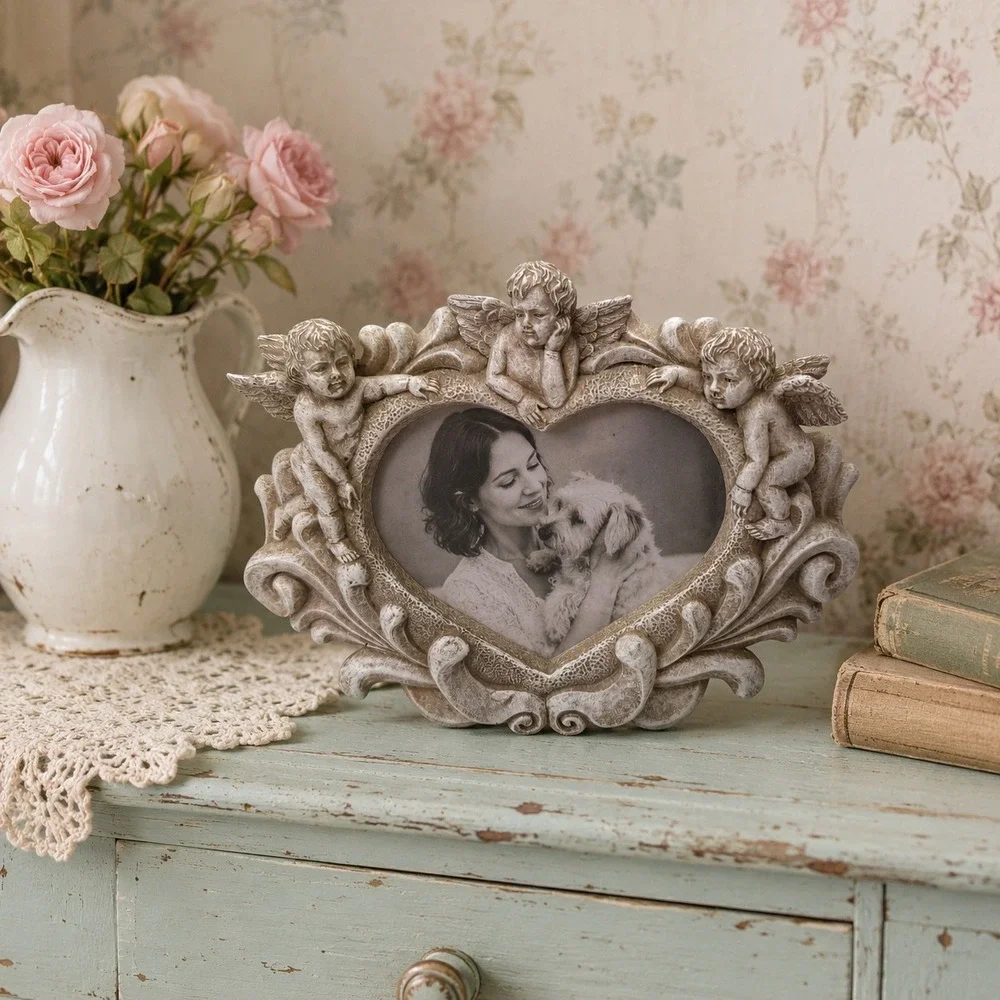 Vintage Cherub Heart Picture Frame Ornate Angel Resin Shabby Chic 3.5x5 Photo